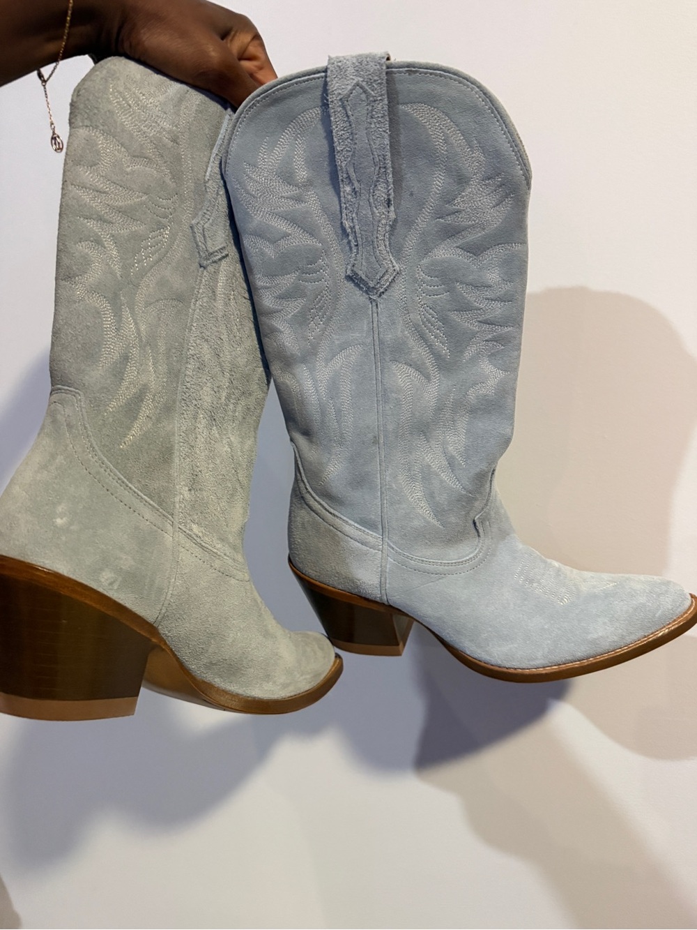 Light Blue Suede Western Heeled Boots - Picture 3 of 6